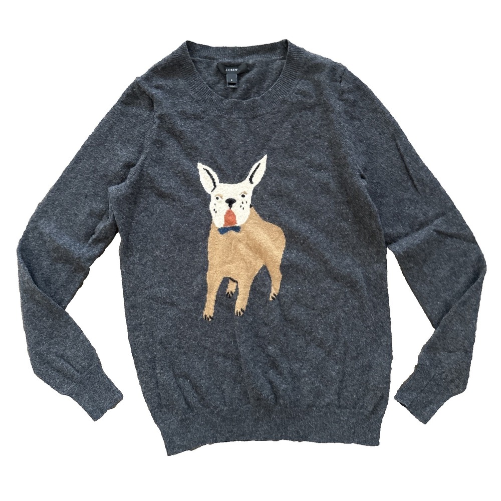 J.Crew Frenchie Sweater Women S Gray Crewneck Dog Intarsia Knit Wool Blend